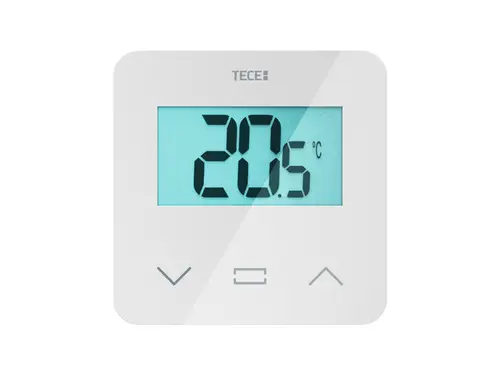 TECE Raumbediengerät mit LCD-Display zur Anzeige von Temperatur (20,5 °C) und Luftfeuchtigkeit, in weißer Ausführung. Bedienelemente für Komforteinstellungen sichtbar.